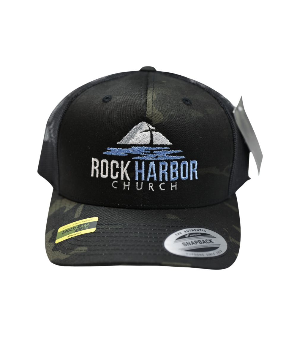 Black Camo Hats- Blue Logo - Rock Harbor Church
